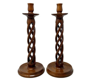 Vintage 1988 Carved Wooden Spiral Candle Sticks